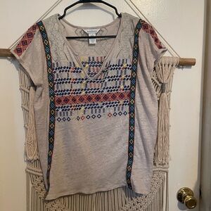 Sundance Catalog Barranca Beige Linen Jersey Embroidered Boho Boxy Top Size -XS